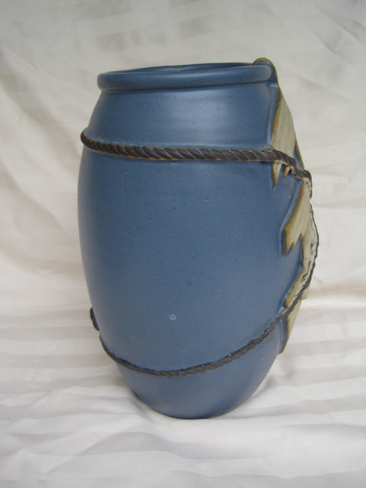 Blue Ceramic Vase with Palm Leaf and Rope