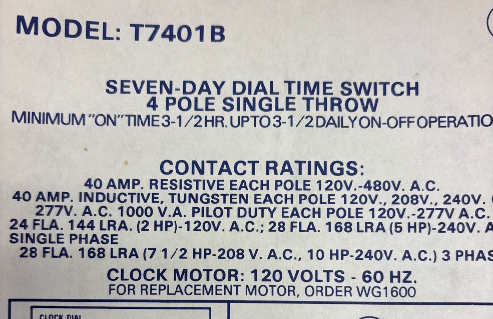 INTERMATIC TIME CONTROLS T7401B SEVEN DAY DIAL TIME SWITCH 4 POLE SINGLE THROW