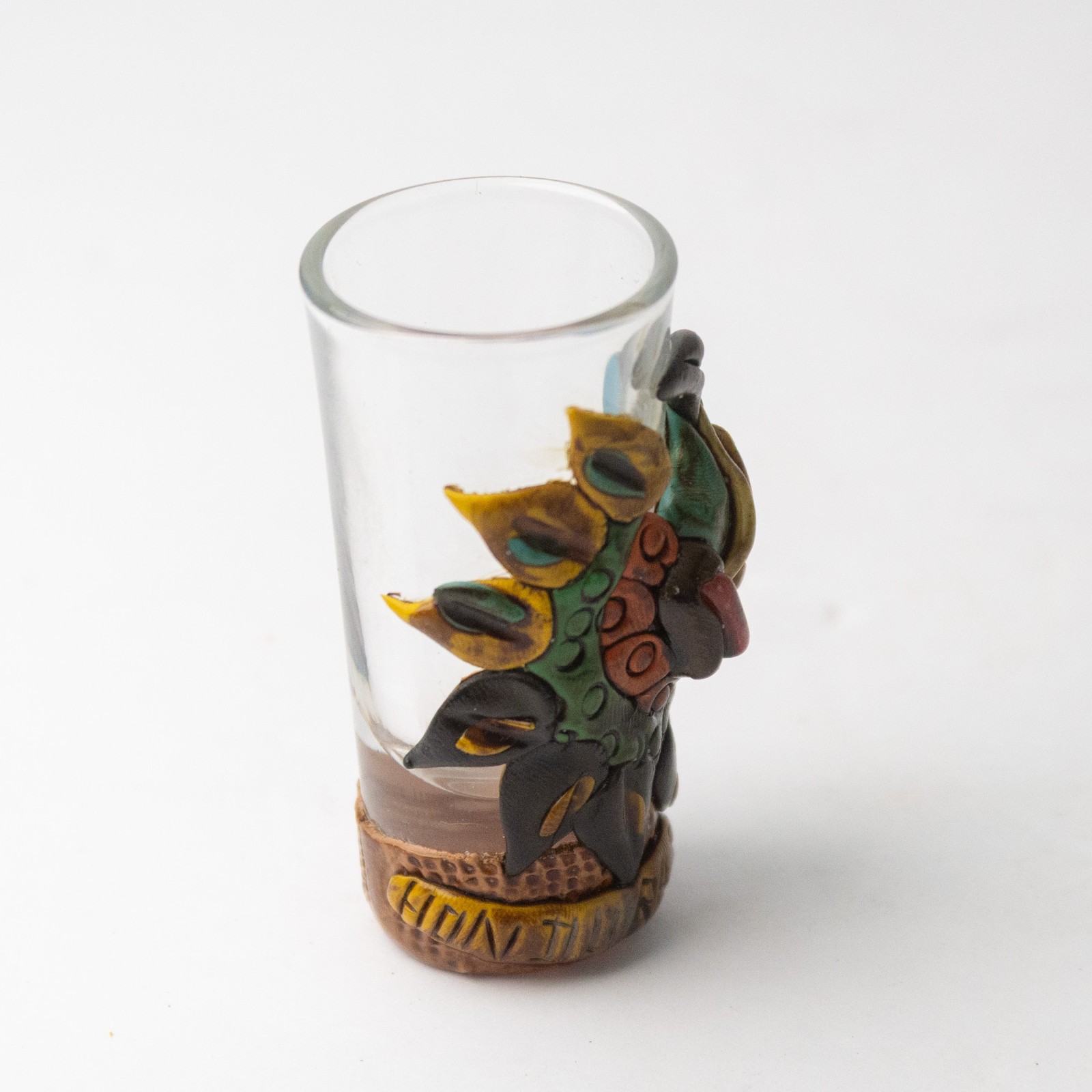 Vintage Honduras 3D Sculpted Shot Glass Set - Toucan & Mayan Chieftain Set of 2