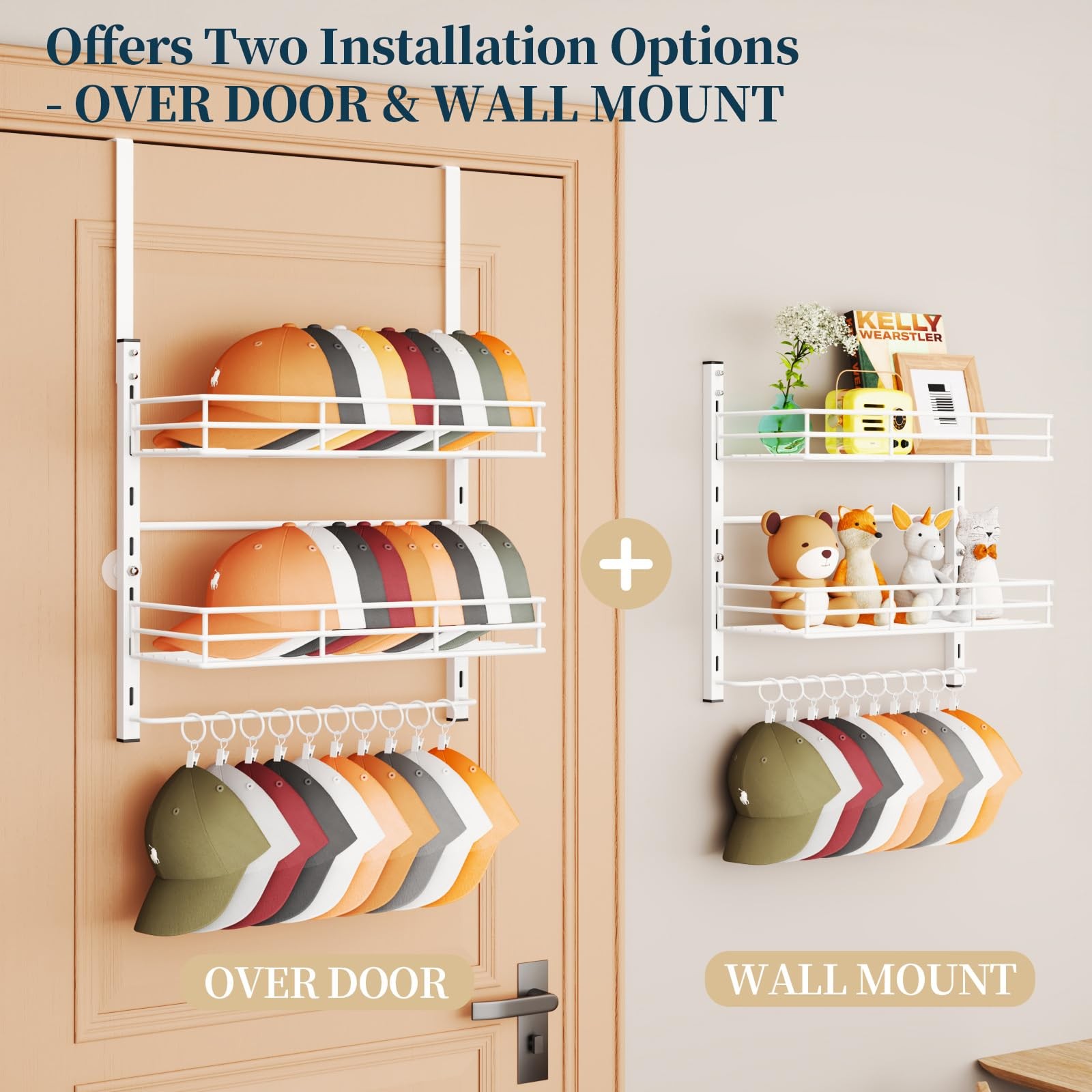 Over Door Hat Organizer 3 Tier Wall Mounted Hat Rack with 2 Adjustable Metal...