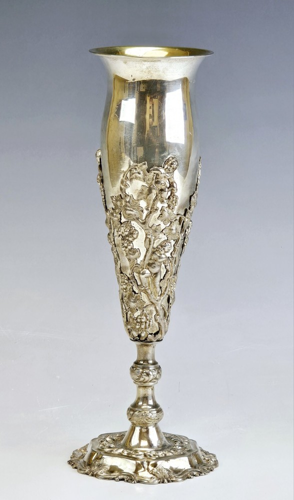 Large Rare 19C Russian Repousse Silver Vase Goblet