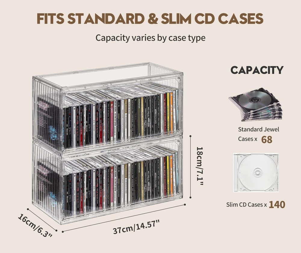2-Pack Clear CD Storage Box, Stackable CD Case Holder with Full-View Design, ...