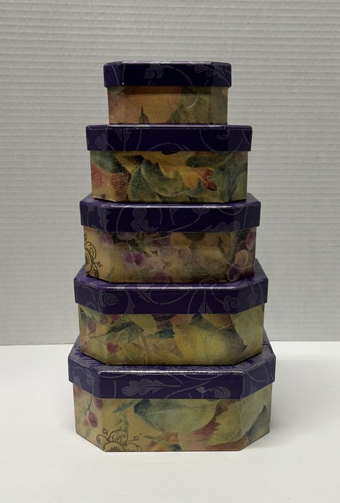 Vtg Elegant Decorative Hexagon Nesting Gift Boxes -5 Boxes- Nesting Boxes - GUC