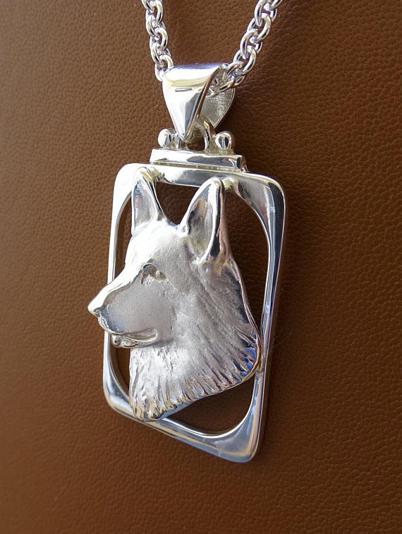 Large Sterling Silver German Shepherd Dog Head Study On A Frame Pendant