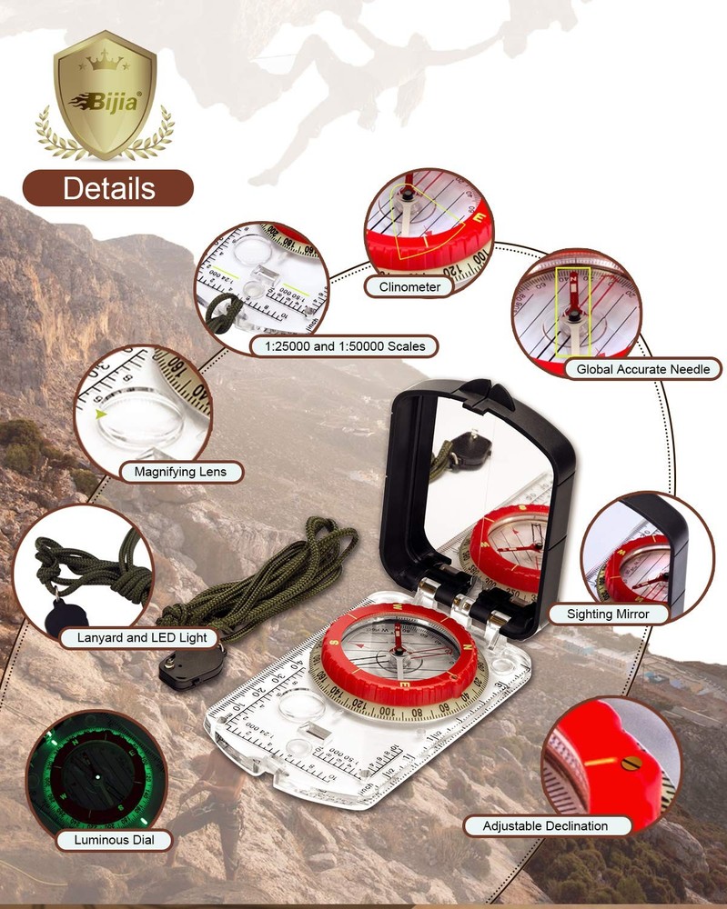 Orienteering Map Compass -Sighting Mirror Compass with Adjustable Declination,Cl
