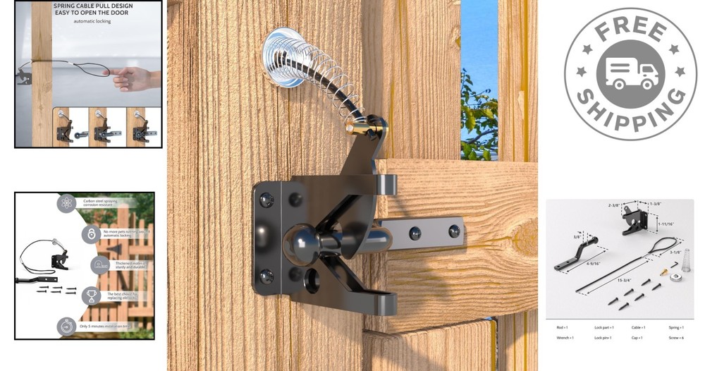 Black Gate Latch Set with Spring Cable Pull – Secure & Durable 4-Pack