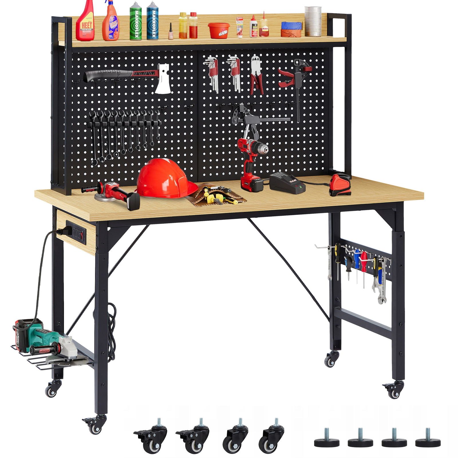 48''Adjustable Workbench Heavy Duty W/Pegboard and Wheels for Garage Workshop