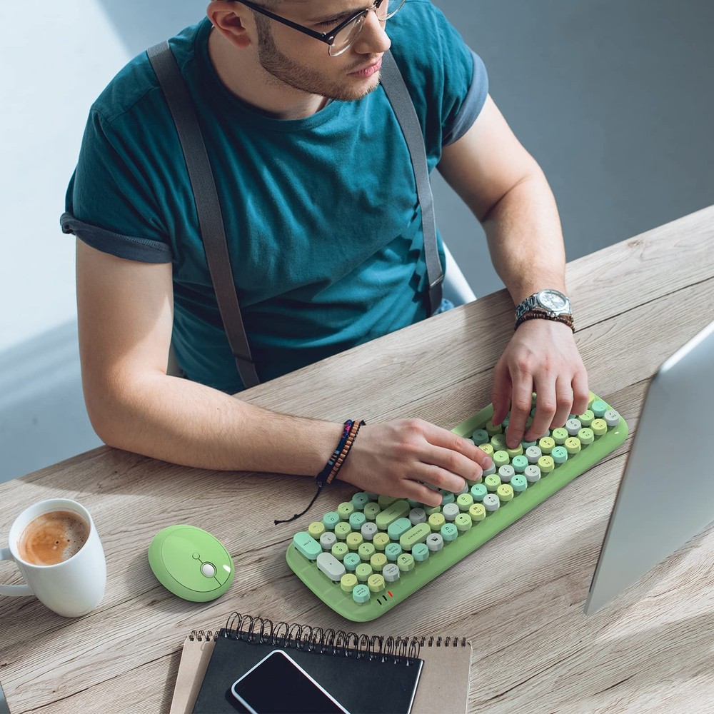 Wireless Keyboard Mouse Combo Ergonomic Full Size Typewriter Win PC Green