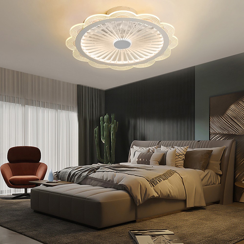 Flush Mount Ceiling Fan Light Dimmable LED Chandelier Fan W/ Remote Control