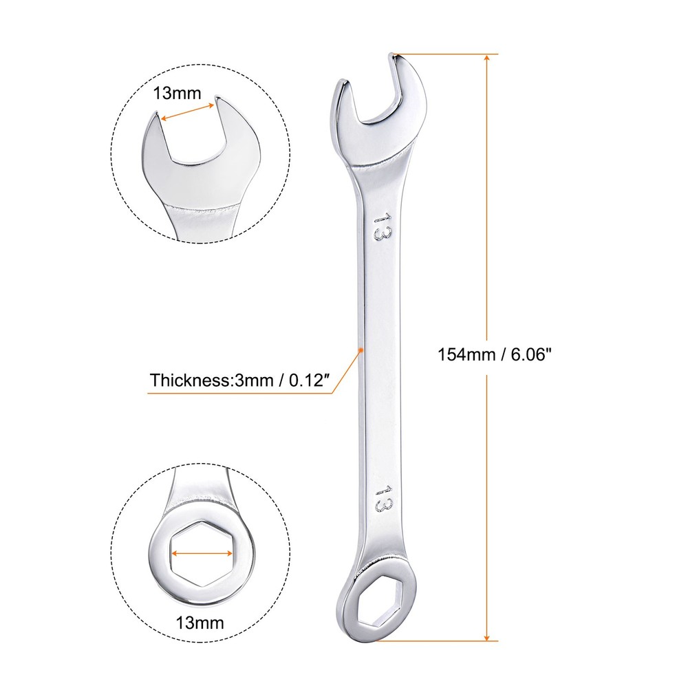 Thin Combination Wrench with Offset 6-Point End and Angled Open End Metric 13mm