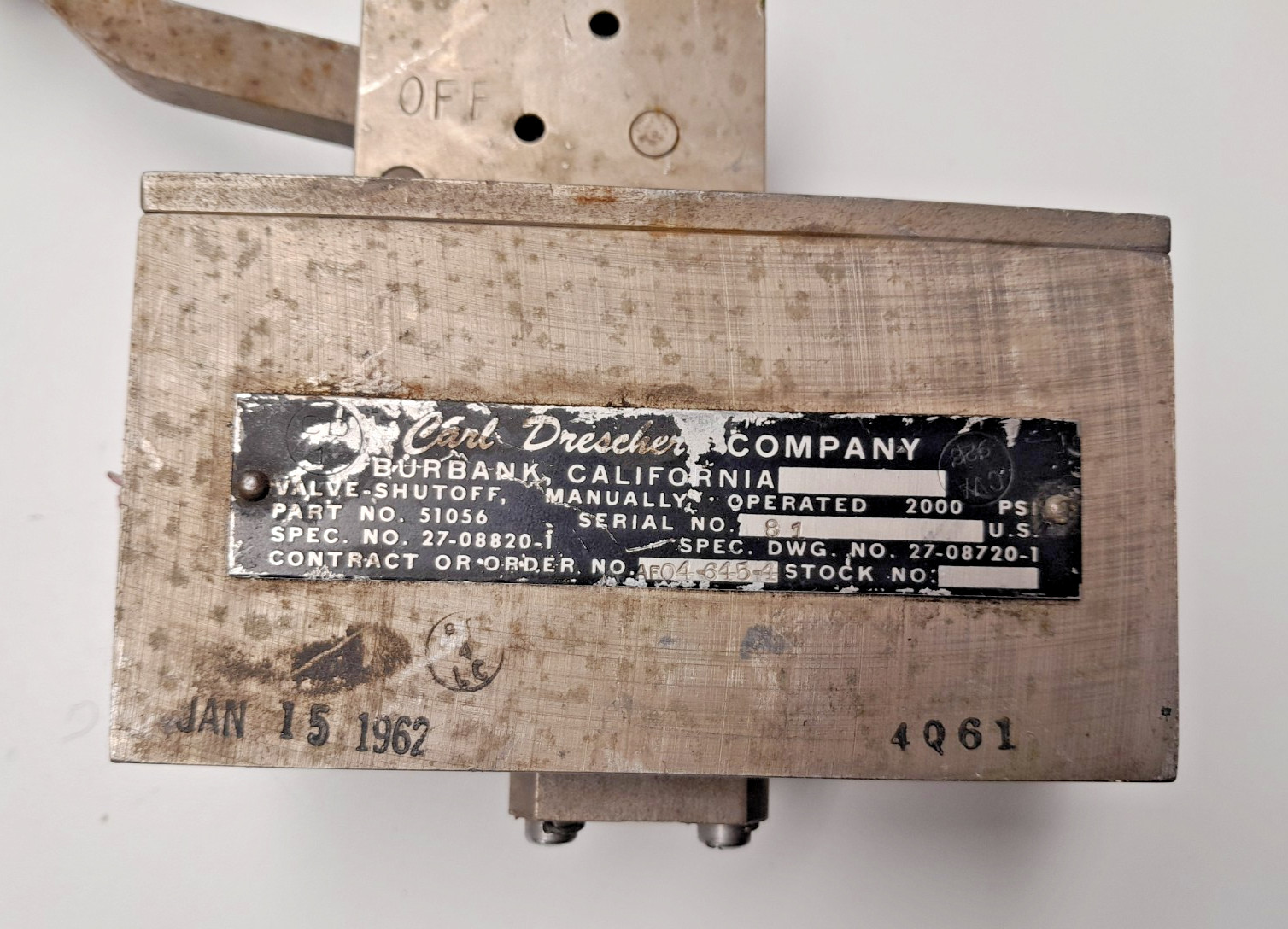 NOS Surplus Carl Drescher Manual Valve, Contract AF04-645-4 Rocket Engine NASA