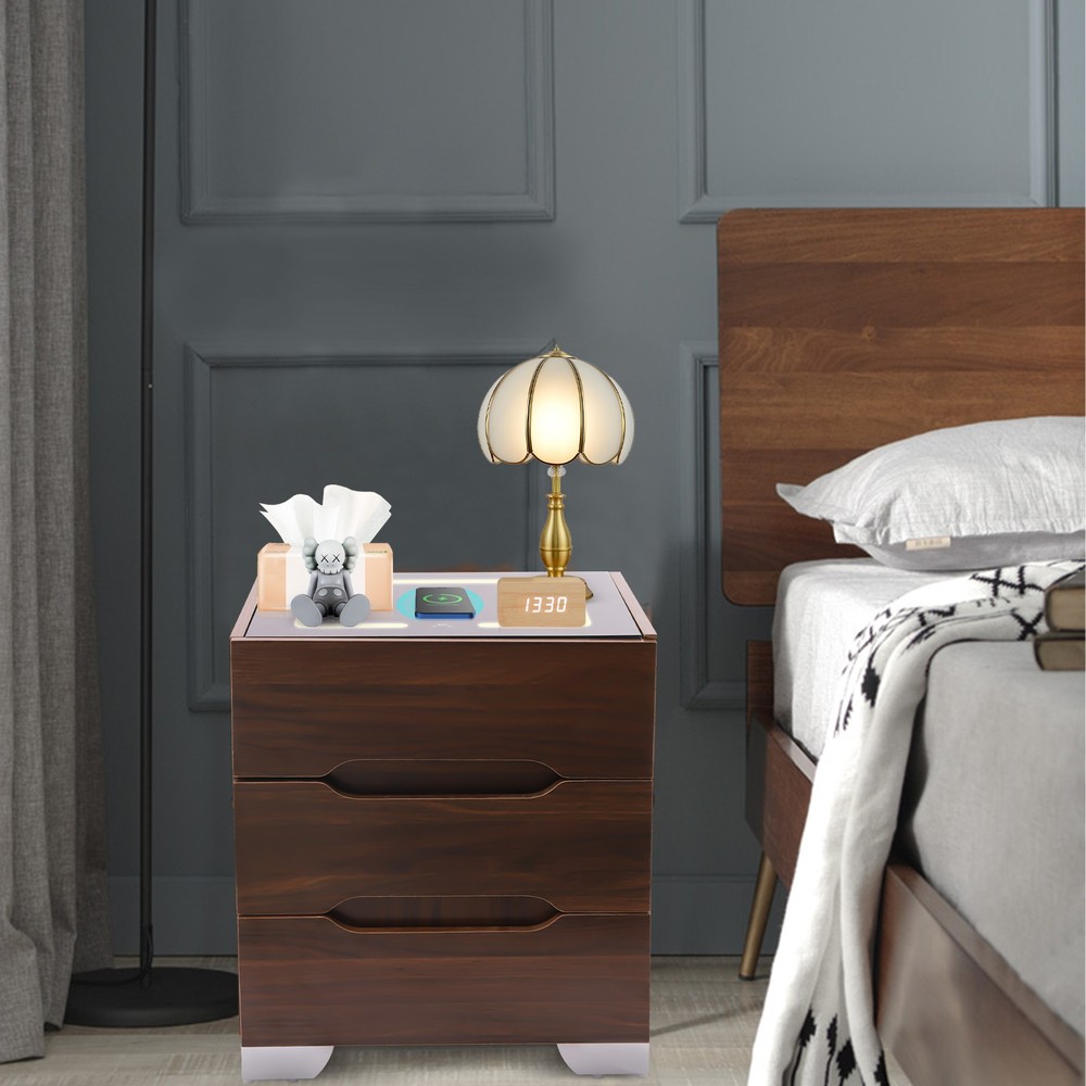 Modern End Side Table Nightstands Wireless Charging Station and LED Lights