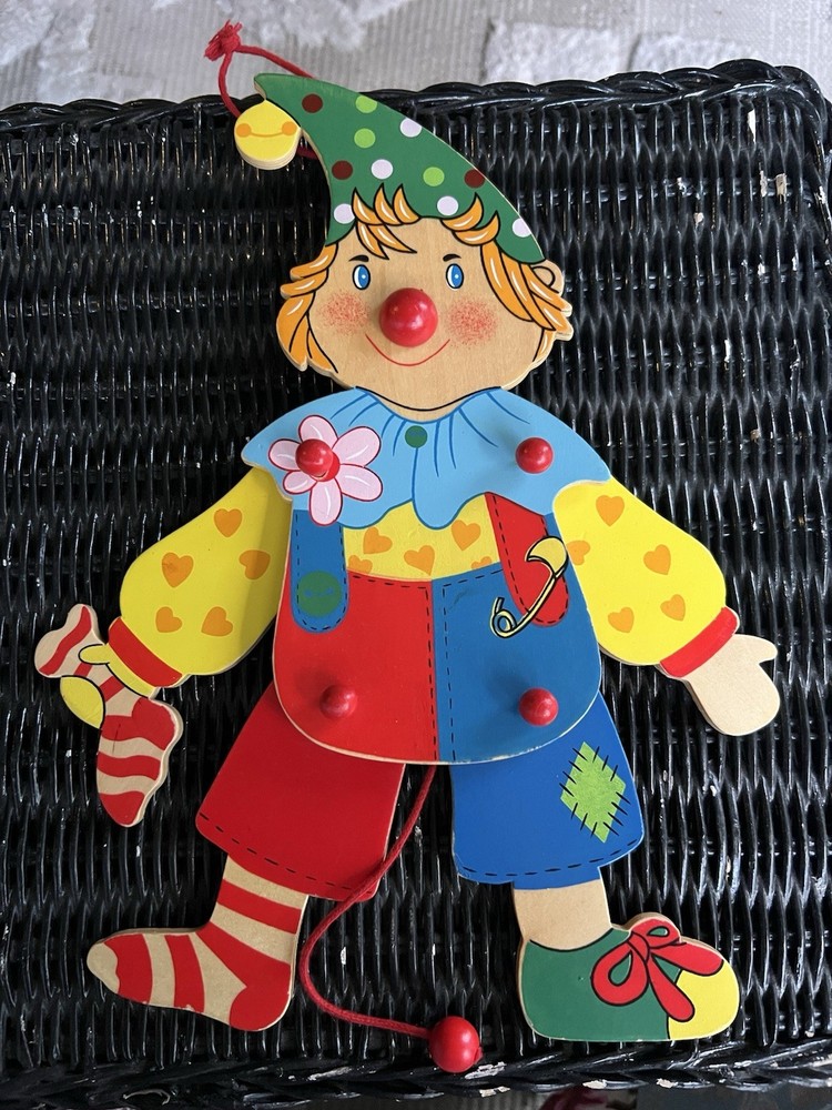 Vintage Working Wooden Pull String Clown Puppet Toy ~ Selecta Spielzeug GERMANY