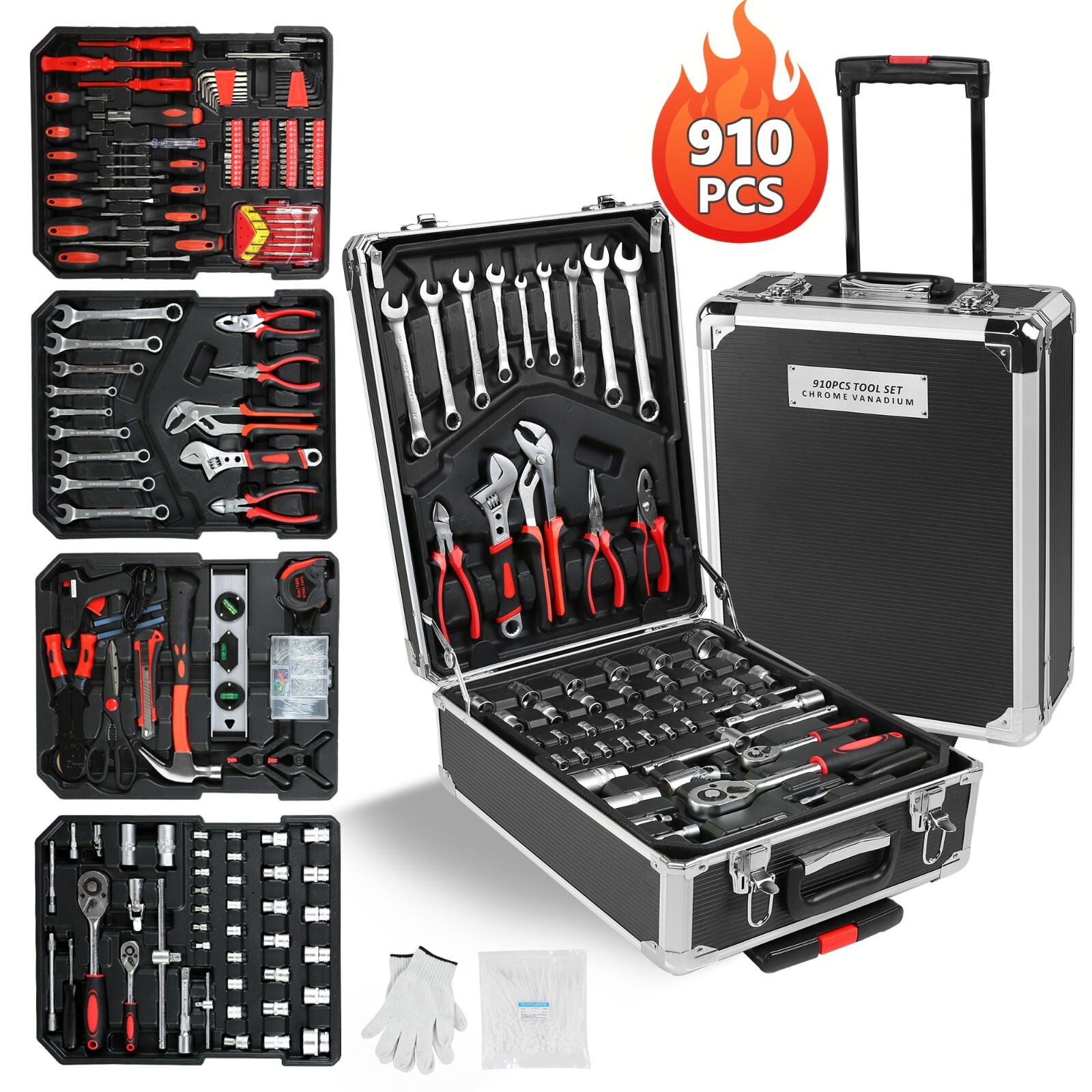 910 Piece Mechanics Tool Set Metric Socket Wrench Set Repair Tool Kit with Case