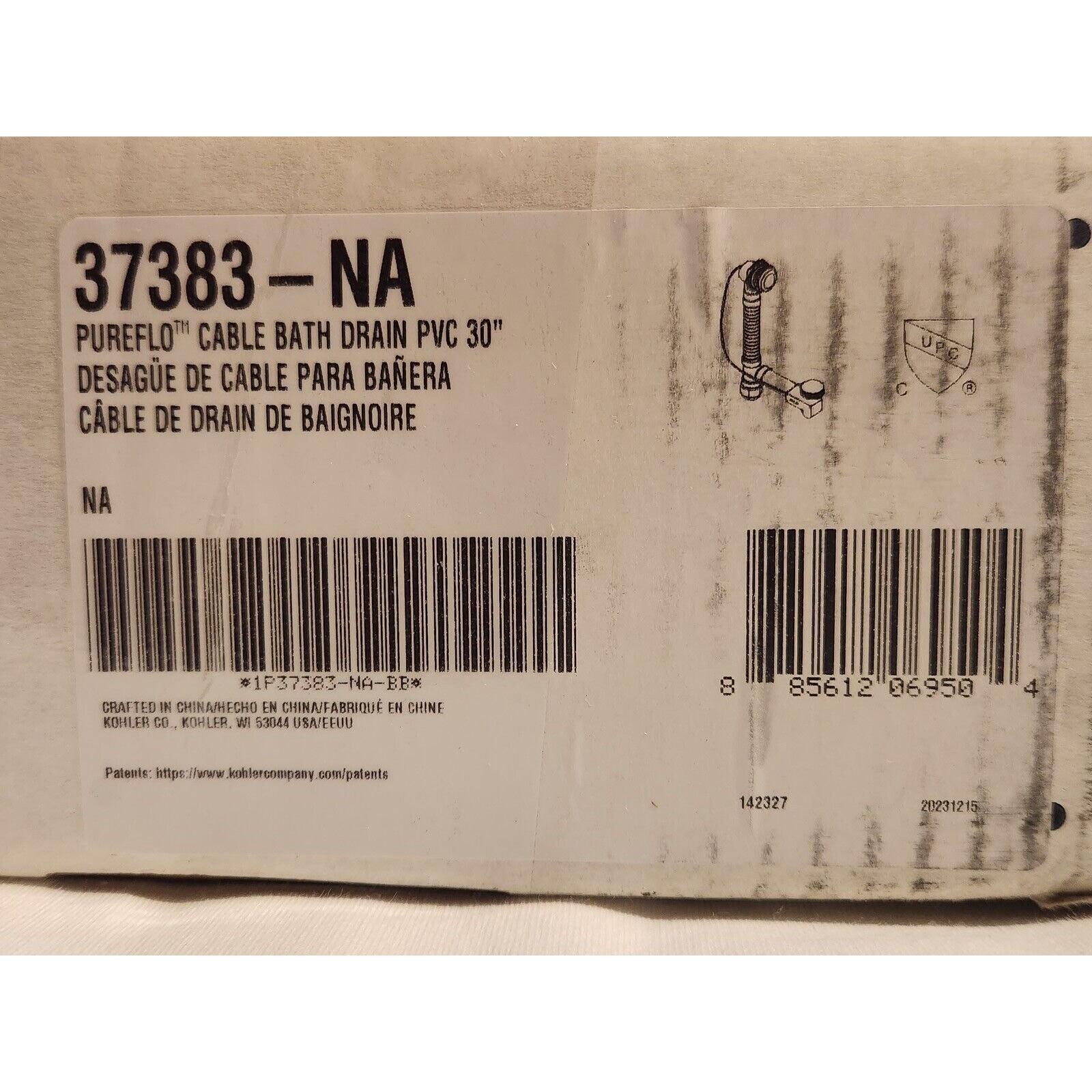 Kohler 37383-NA PureFlo PVC Rough-In Cable Bath Drain, 30" Cable with Tubing