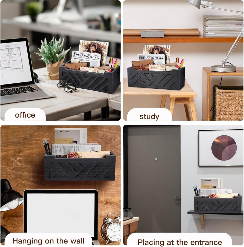 Sleek Black Pine Mail Basket - Stylish Solution for Letter and Bill Storage