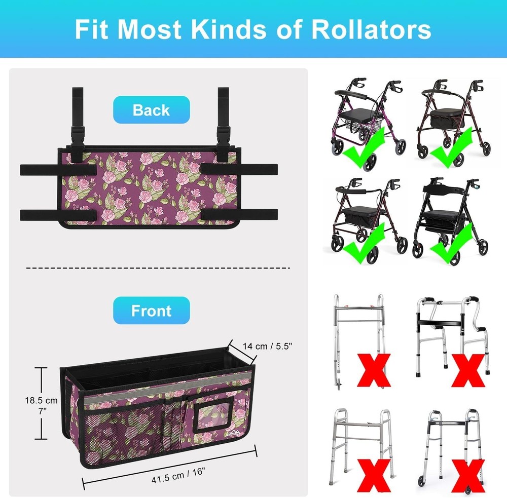 Rollator Basket, Rollator Walker Bag w/Cup Holder, Foldable Rolling Walker Wa...