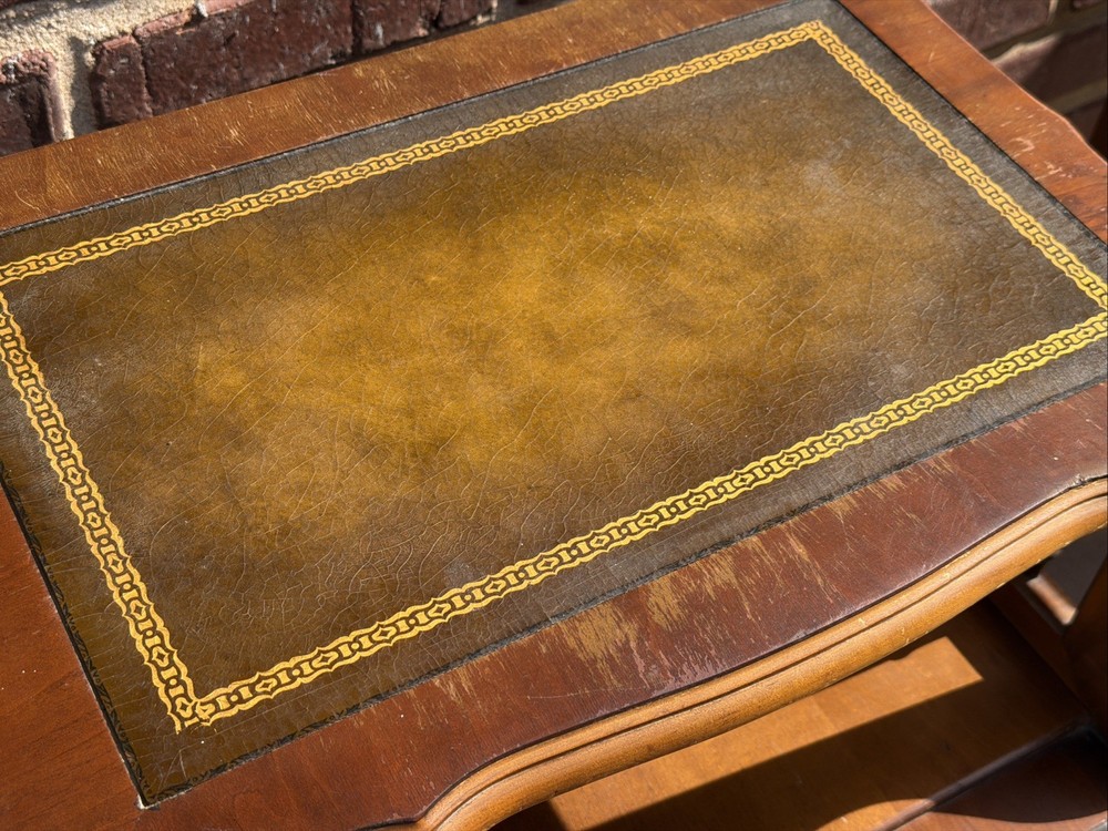PAIR Step-Back Tooled Leather Top ANTIQUE Side End Tables