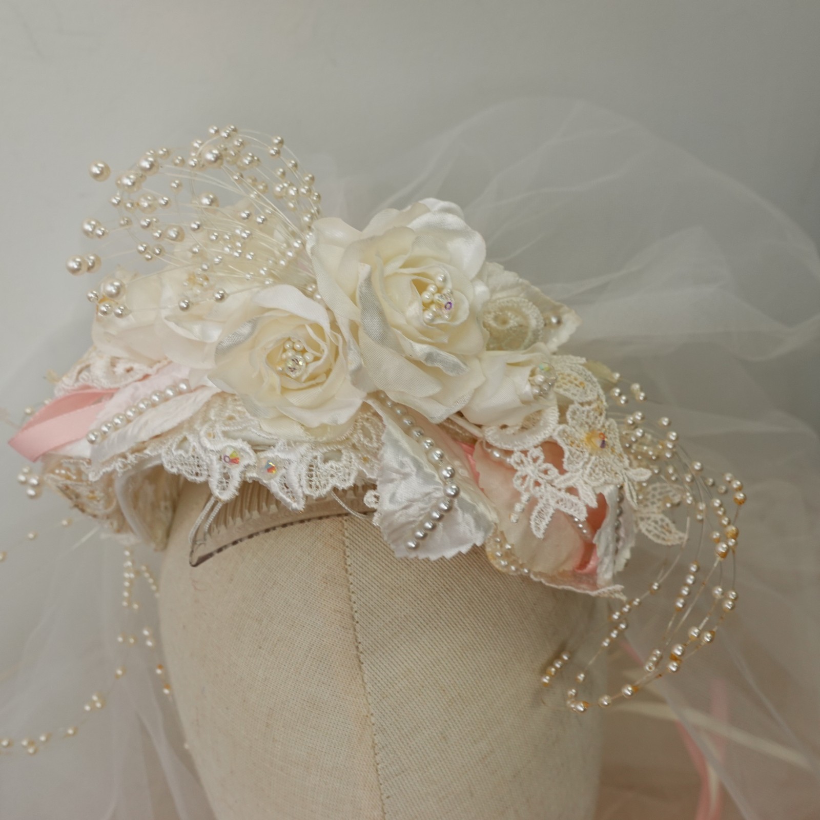 VTG Bridal Veil Headpiece White Floral Pearl Wreath Wedding Juliet Cap Tulle