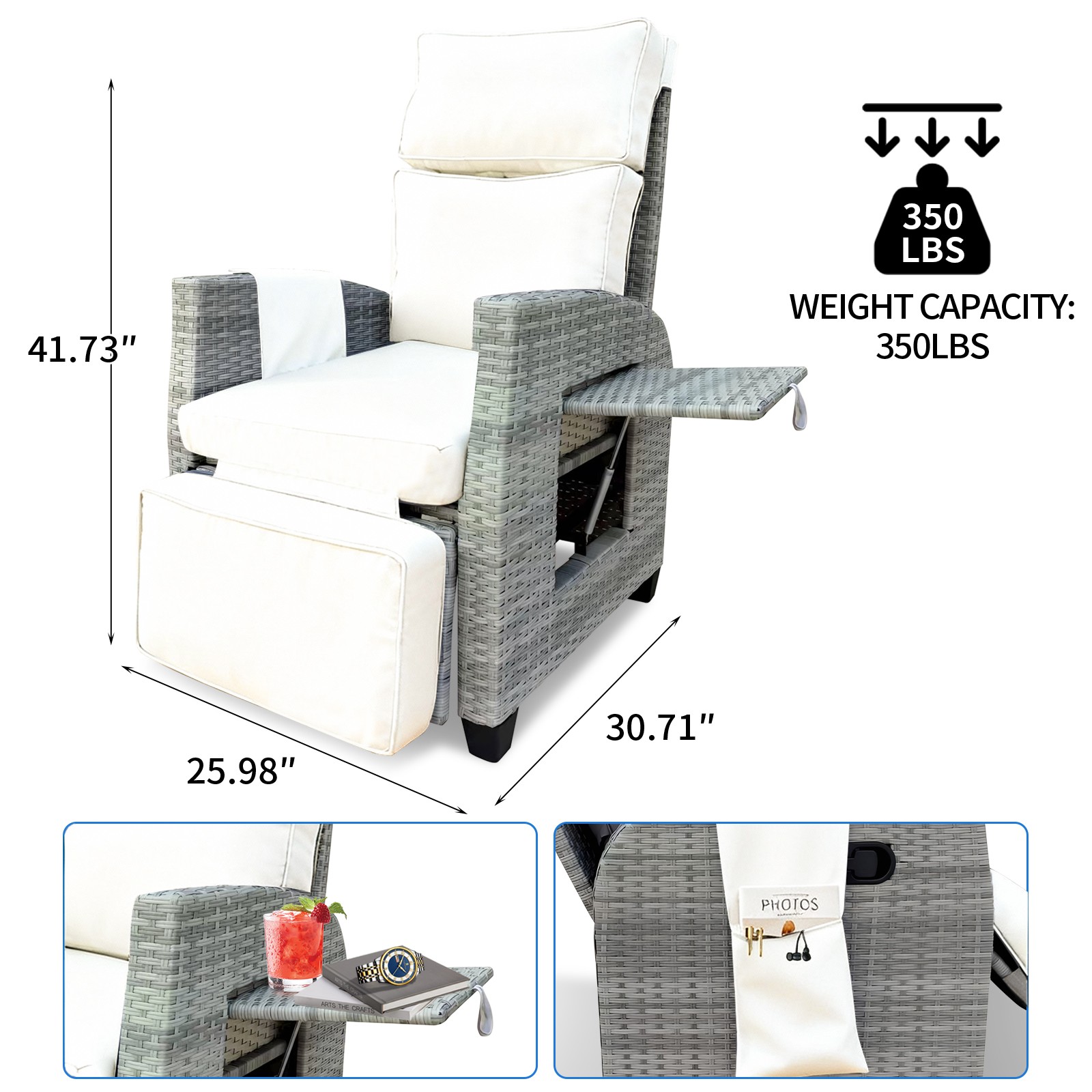 Outdoor Recliner, Patio Recliner Chair with Flip-up Table, Adjustable Backrest