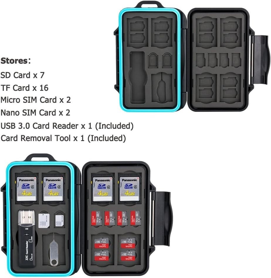 Multi-functional Memory Card Case - Waterproof - 27 Slots - USB 3.0 Card Reader