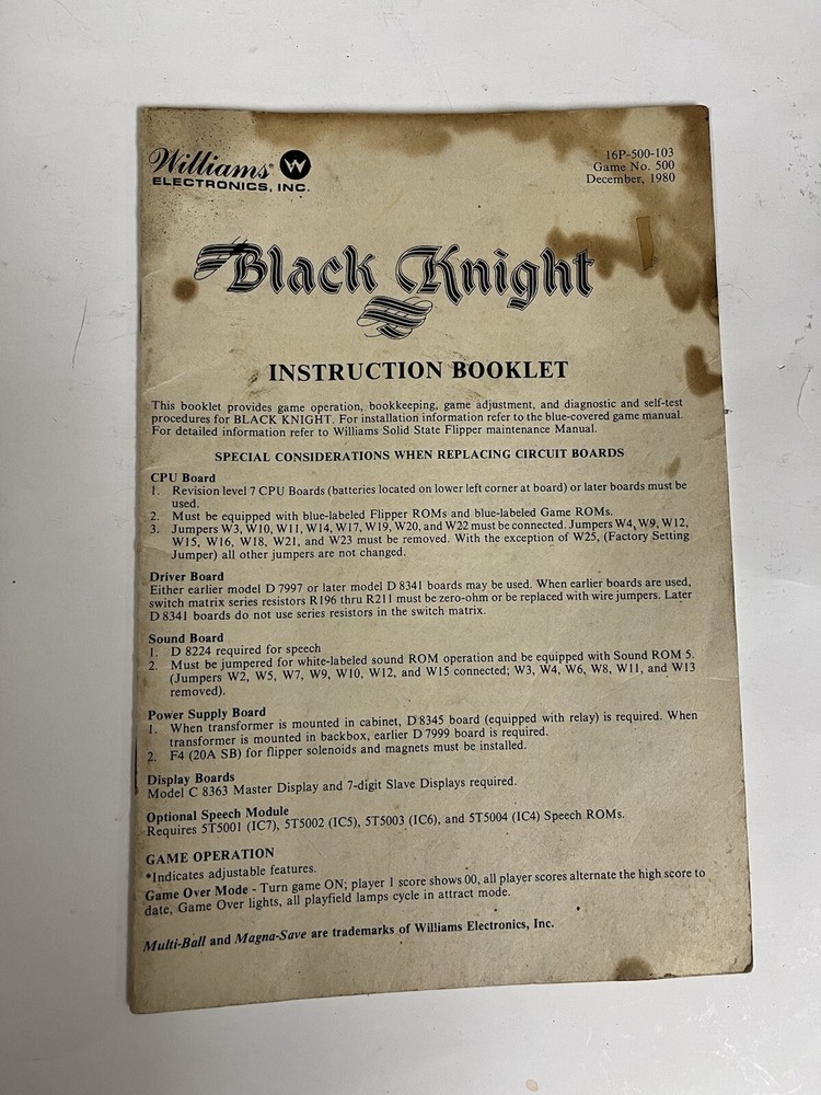 Williams Black Knight Instruction Booklet