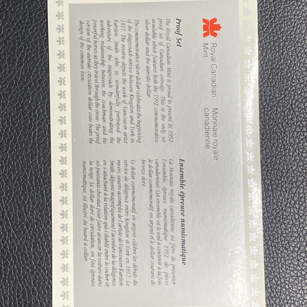 1992 Canada Proof Double Dollar Set (.925 Silver Dollar -Mint Set) Uncirculated