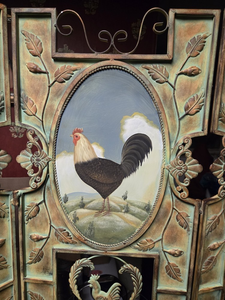 VINTAGE 3 PANEL SCREEN ROOM DIVIDER PAINTED Chickens Farmhouse Primitive