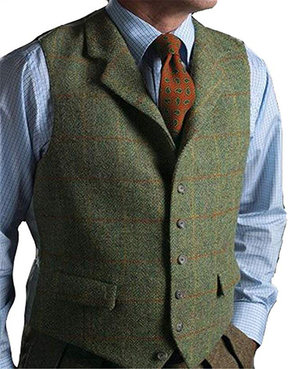 Mens Tweed Plaid Vest Vintage Western Windowpane Formal Wool Vests Large XL 2XL