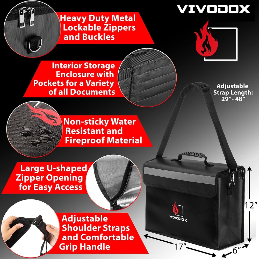 Fireproof Document Bag - Large (17" x 12" x 6") Fireproof Waterproof Storage ...