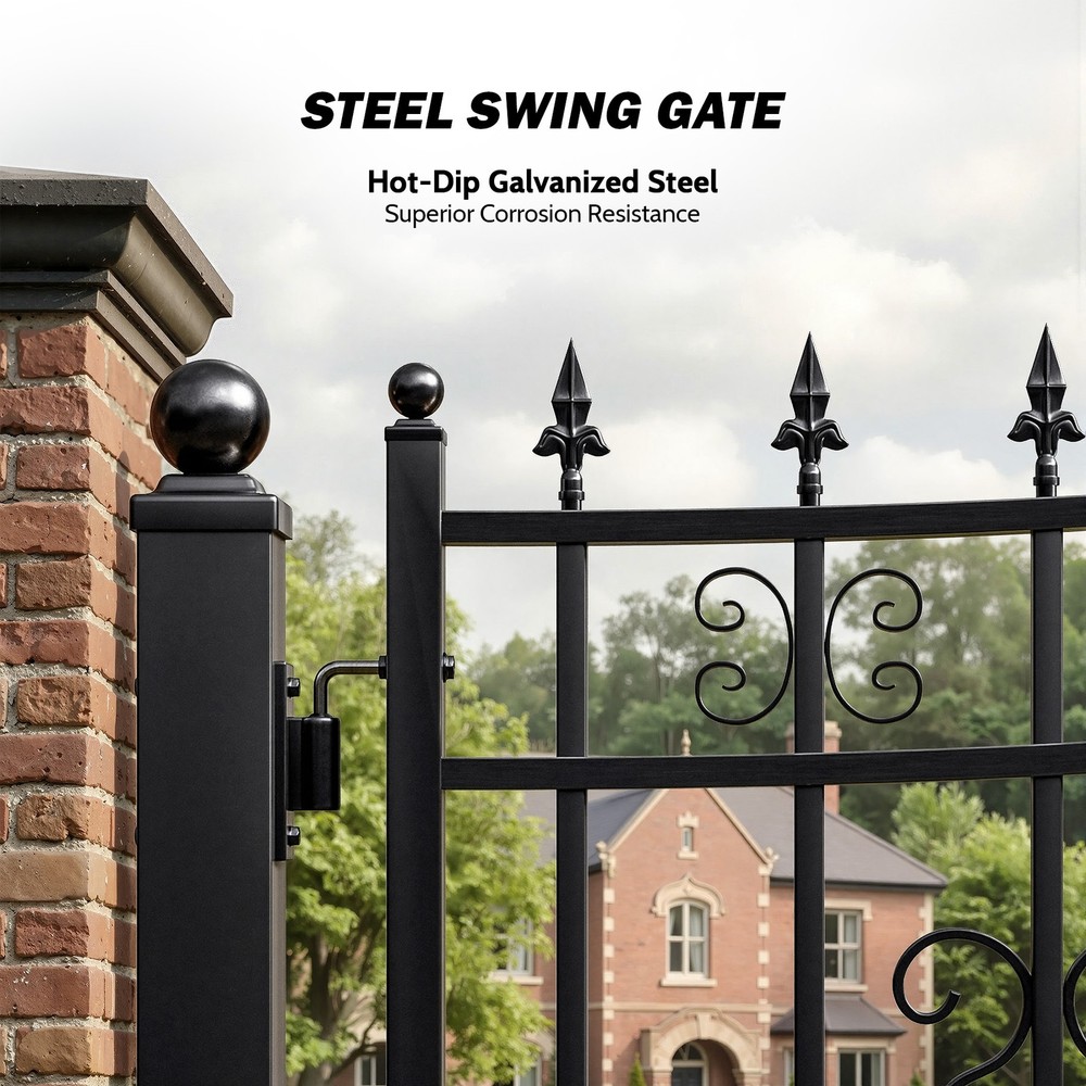 ZUMI 18x6 ft Single Swing Driveway Gate Yard Security Gate Floral Scrollwork