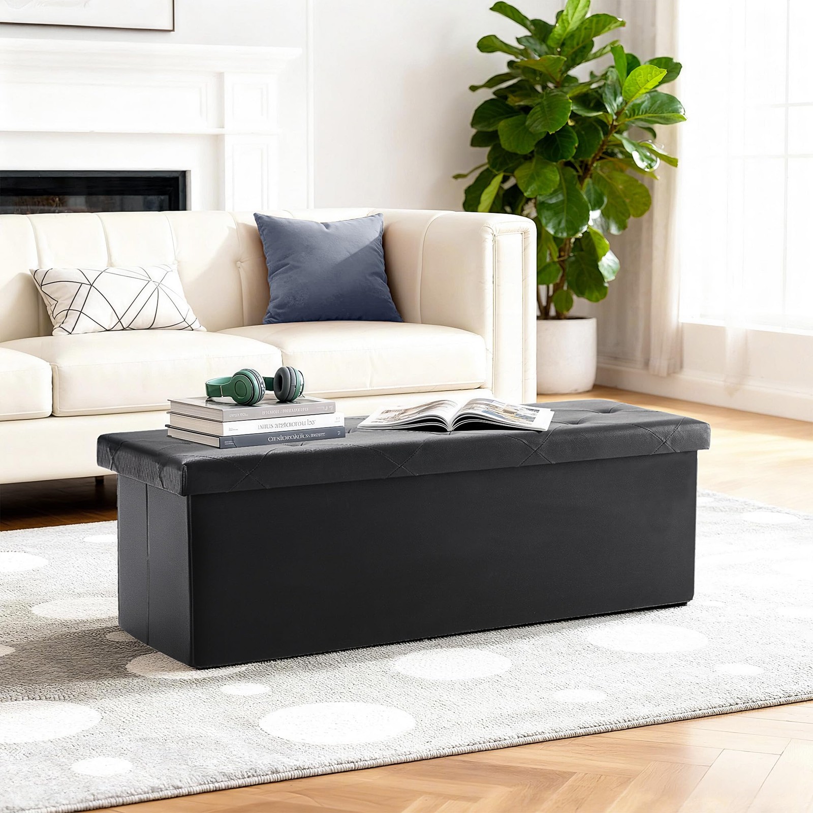 43 Inches Foldable Storage Ottoman Bench, Foot Rest Stool, Synthetic Leather ...