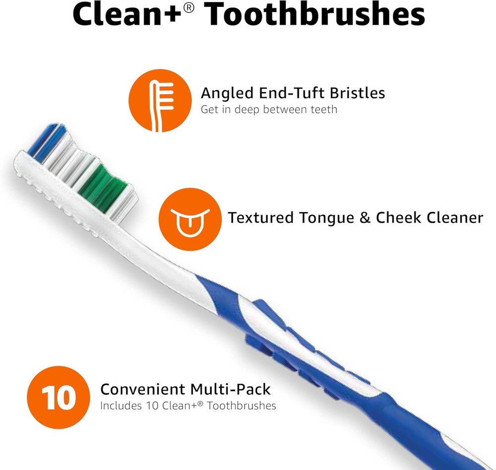 Amazon Basics Clean Plus Toothbrushes, Soft, Full, 10 Count, 1 Pack (Previously