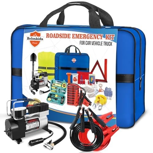Emergency Car Kit - Roadside Tool Set with Air Compressor, Jumper Cables & First