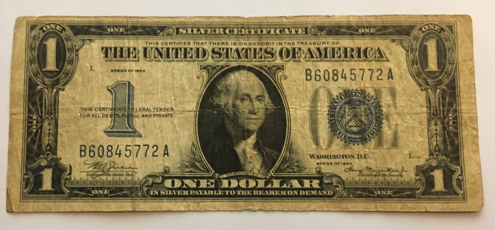 1934 $1 One Dollar Silver Certificate FUNNY BACK