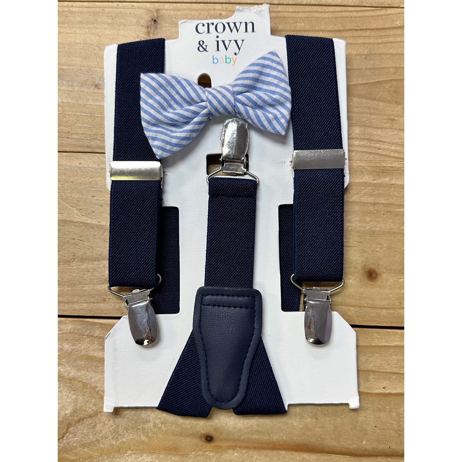 Crown & Ivy Baby Boys Navy Blue Suspenders and Blue Stripe Bow Tie Set