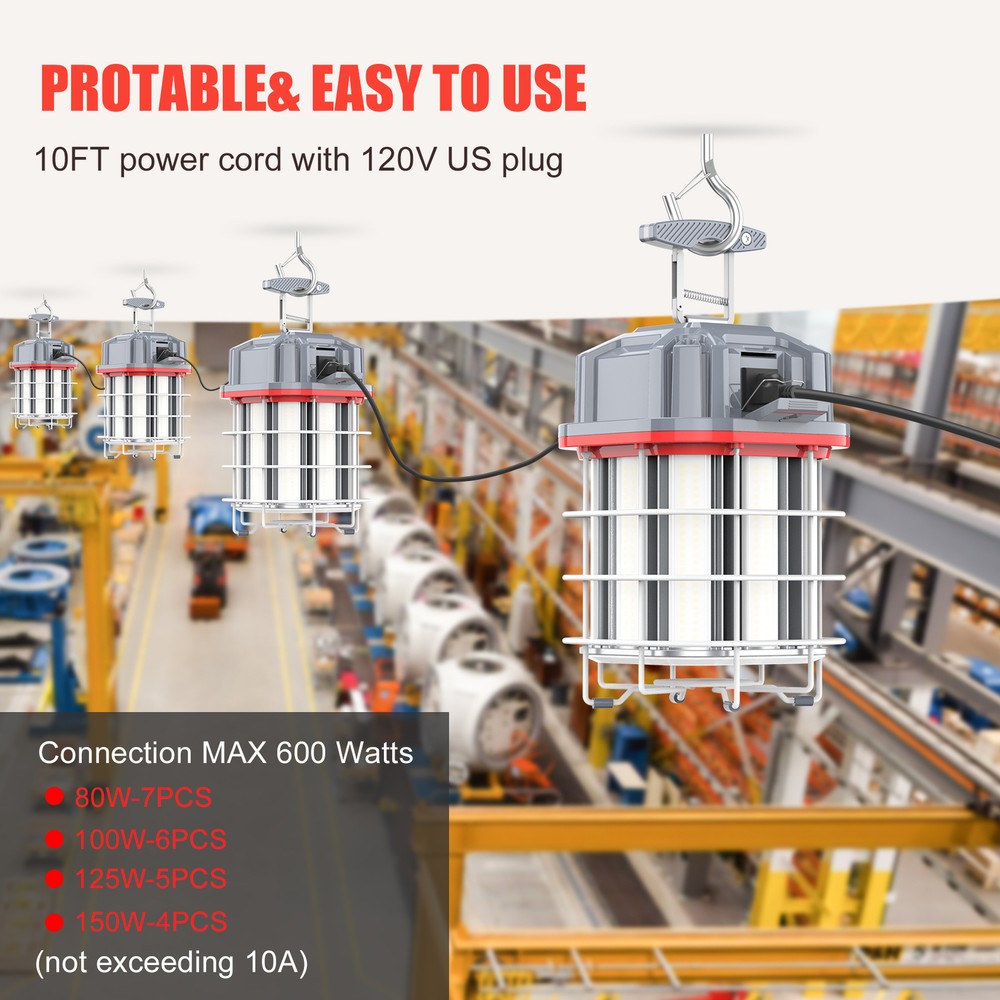 80W Linkable LED Temporary Work Light Hanging Construction Lights 5000K 11600LM