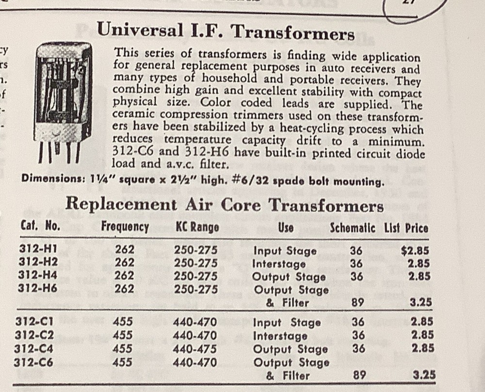Miller 312-H2 Universal Interstage Input IF Transformer 262kHz