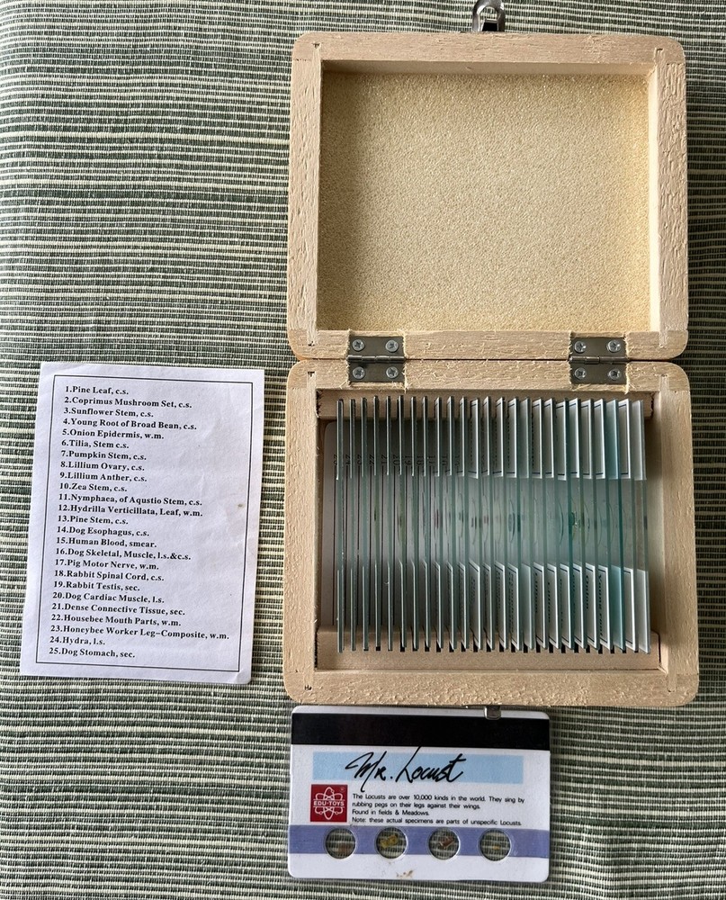 AmScope 25 Prepared Microscope Slides Glass with Wooden Box EUC!
