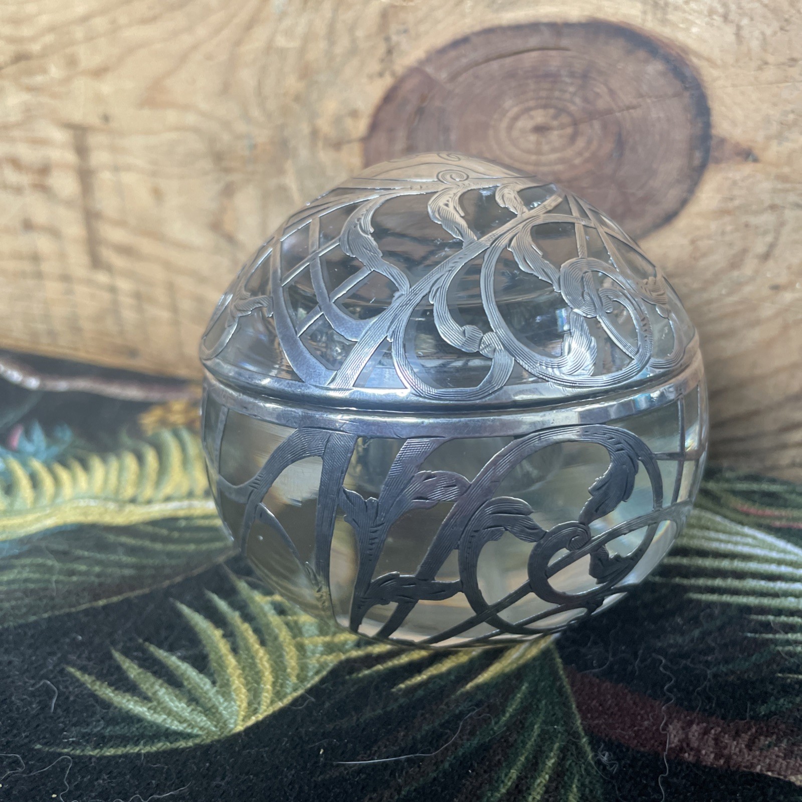 Antique Sterling Silver Overlay Glass Globe Art Nouveau Inkwell