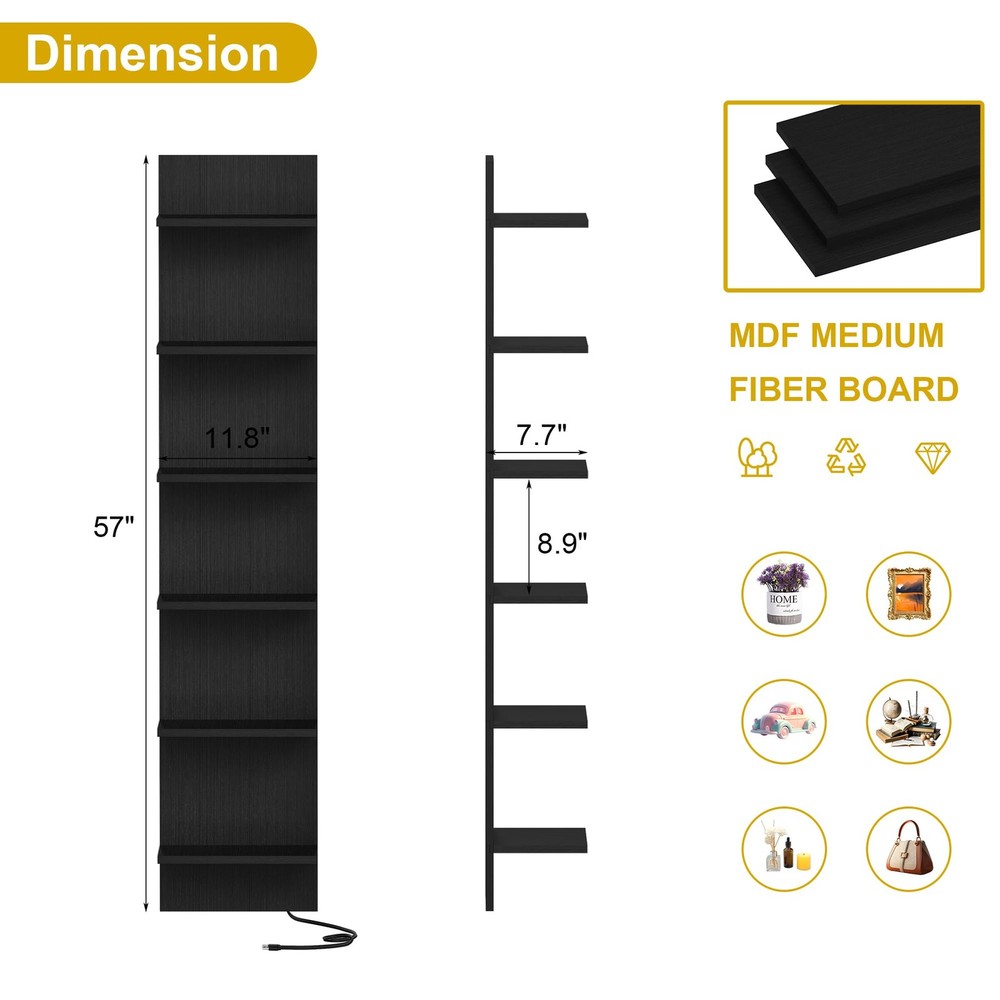 6 Tier Wall Shelf Unit with LED Remote Control Light, Floating Storage Home D...