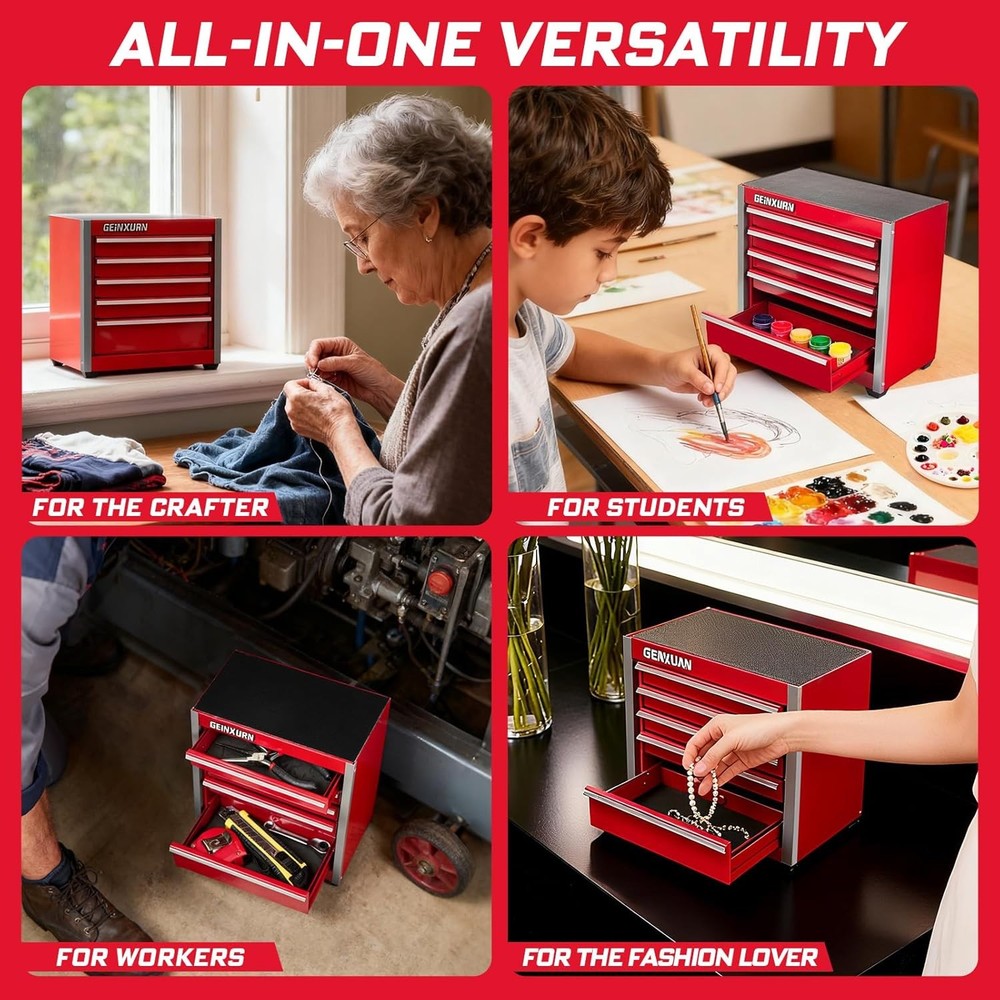 5-Drawer Rolling Red Tool Box Heavy Duty Micro Roll Cab Steel Stackable Tool