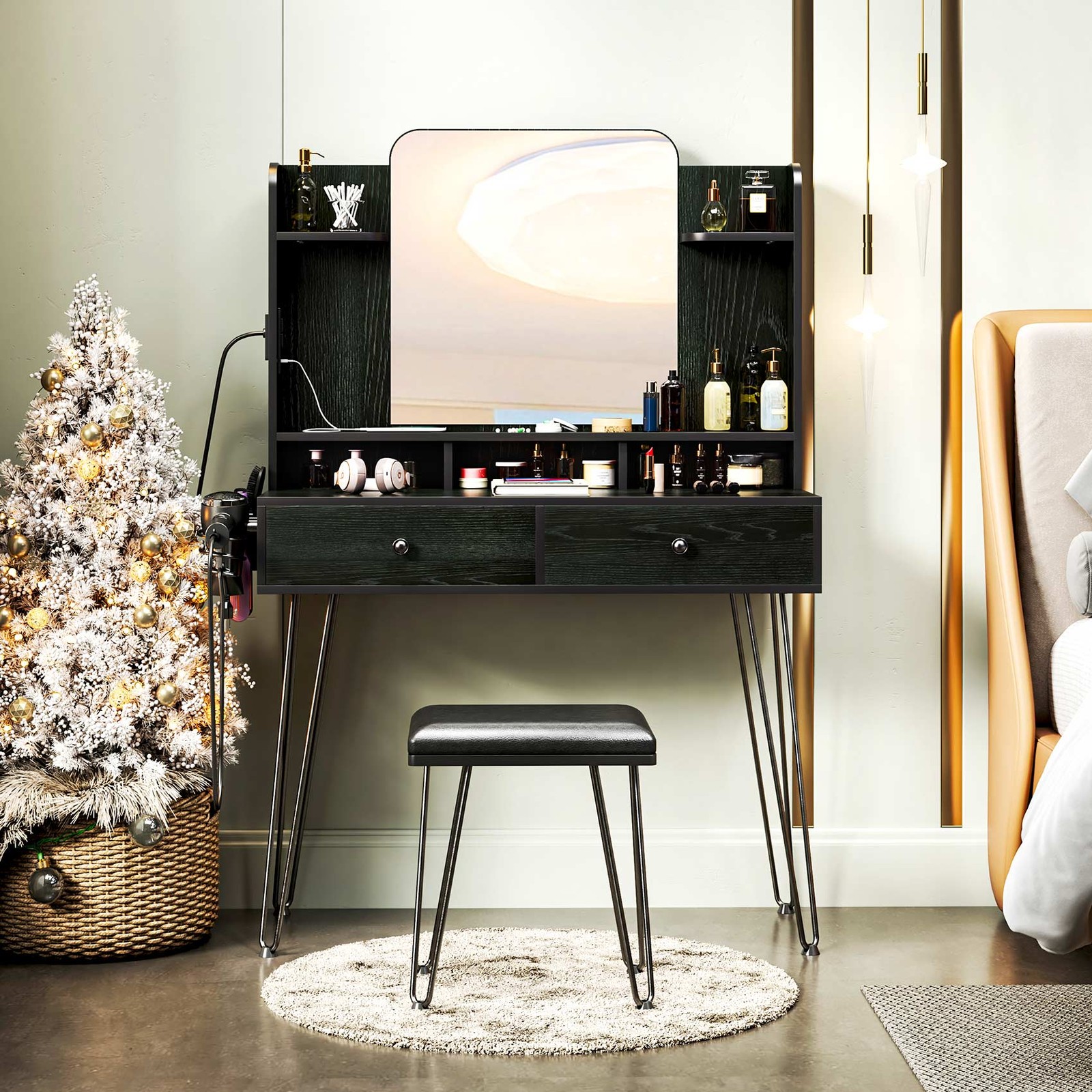 Makeup Vanity Table Set with Charging Station + vanity Stool Dressing Table Desk