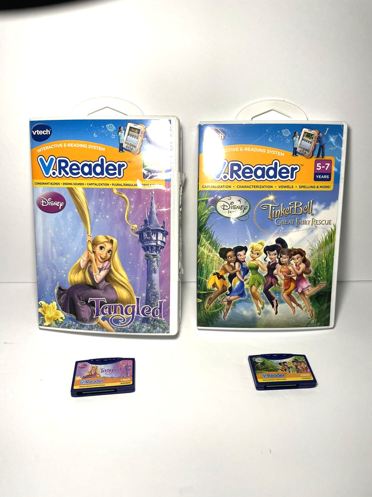 V-Tech V.Reader Interactive E Reading system games-(2 games) Tinkerbell- Tangled