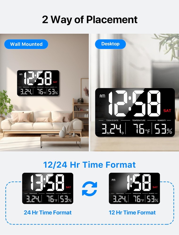 Digital Clock,13" Large Display Digital Wall Clock, Adjustable Brightness Cal...