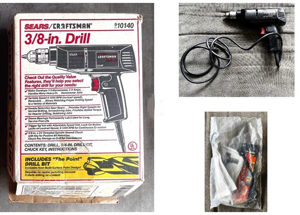 Sears Craftsman 3/8" Drill Corded Variable Speed Reversible,Model 315.101400+Bit