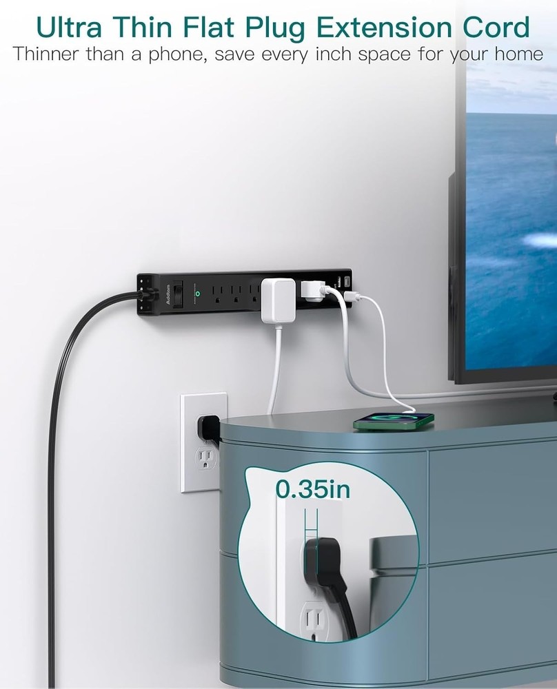 Surge Protector Power Strip with 6 Outlets & 4 USB (2 USB-C), Flat Plug