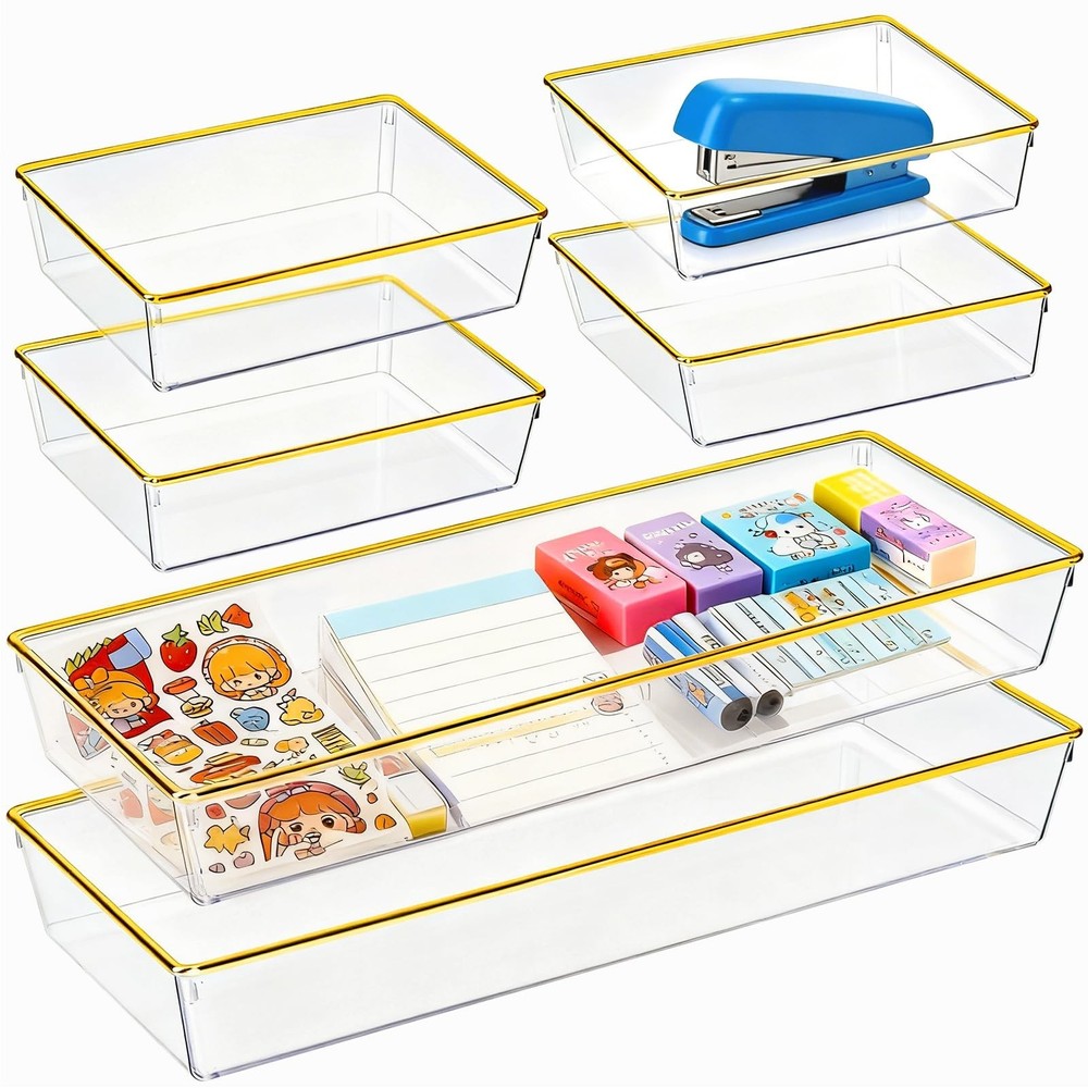 6 Pack Large Size Clear Stackable Drawer Organizer Trays, Gold Rim Makeup Dra...