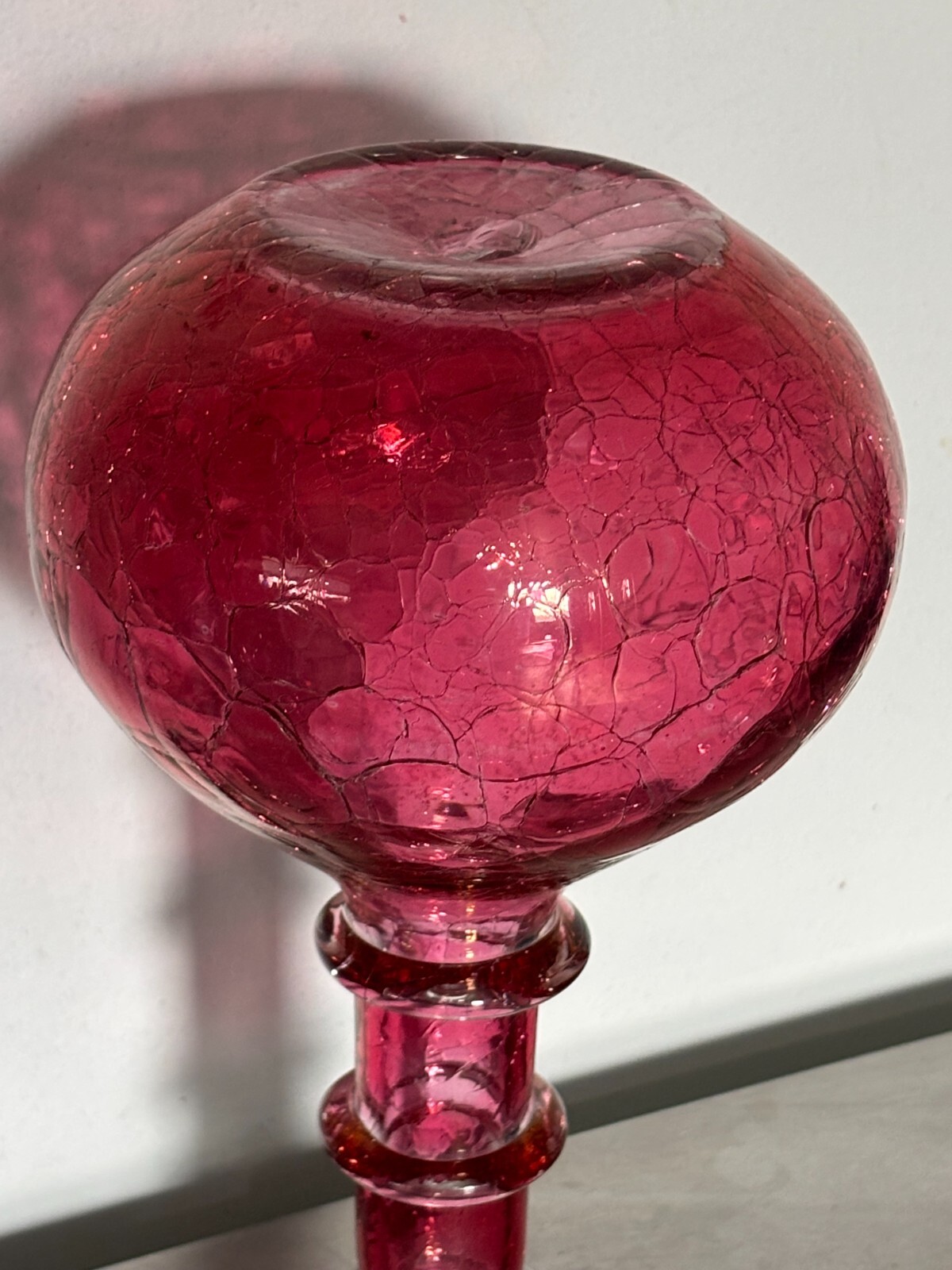 VTG Rainbow Ruffled Glass Crackle Decanter & Stopper Red Clear Rigaree Free Ship