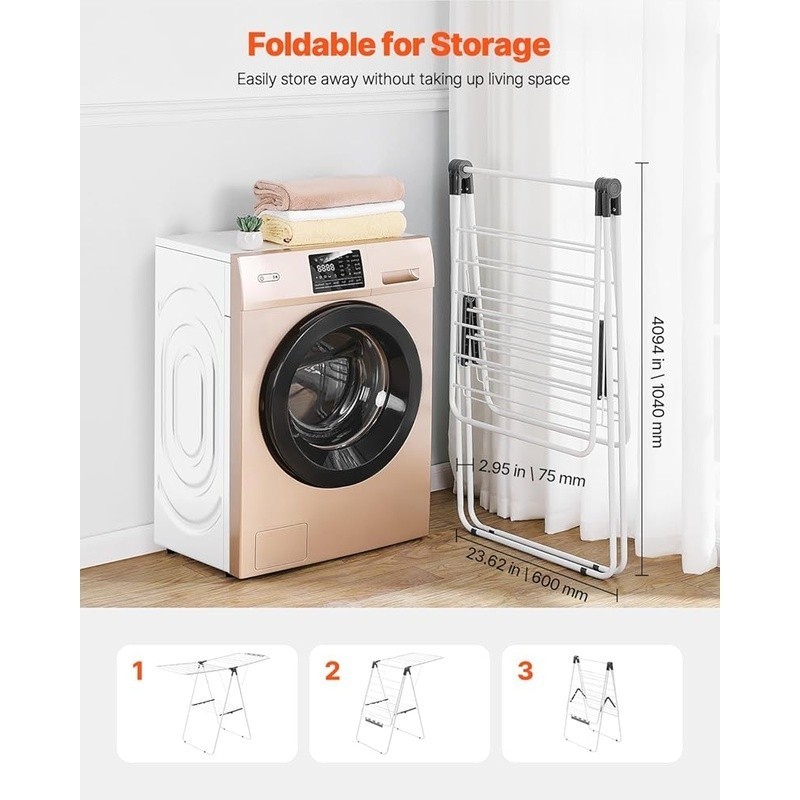 Large Capacity Adjustable Drying Rack W/ 21 Rods Foldable Design & Sock Clips US